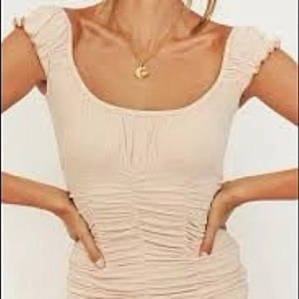 Verge girl ruched nude mini dress, off shoulder - Picture 2 of 5